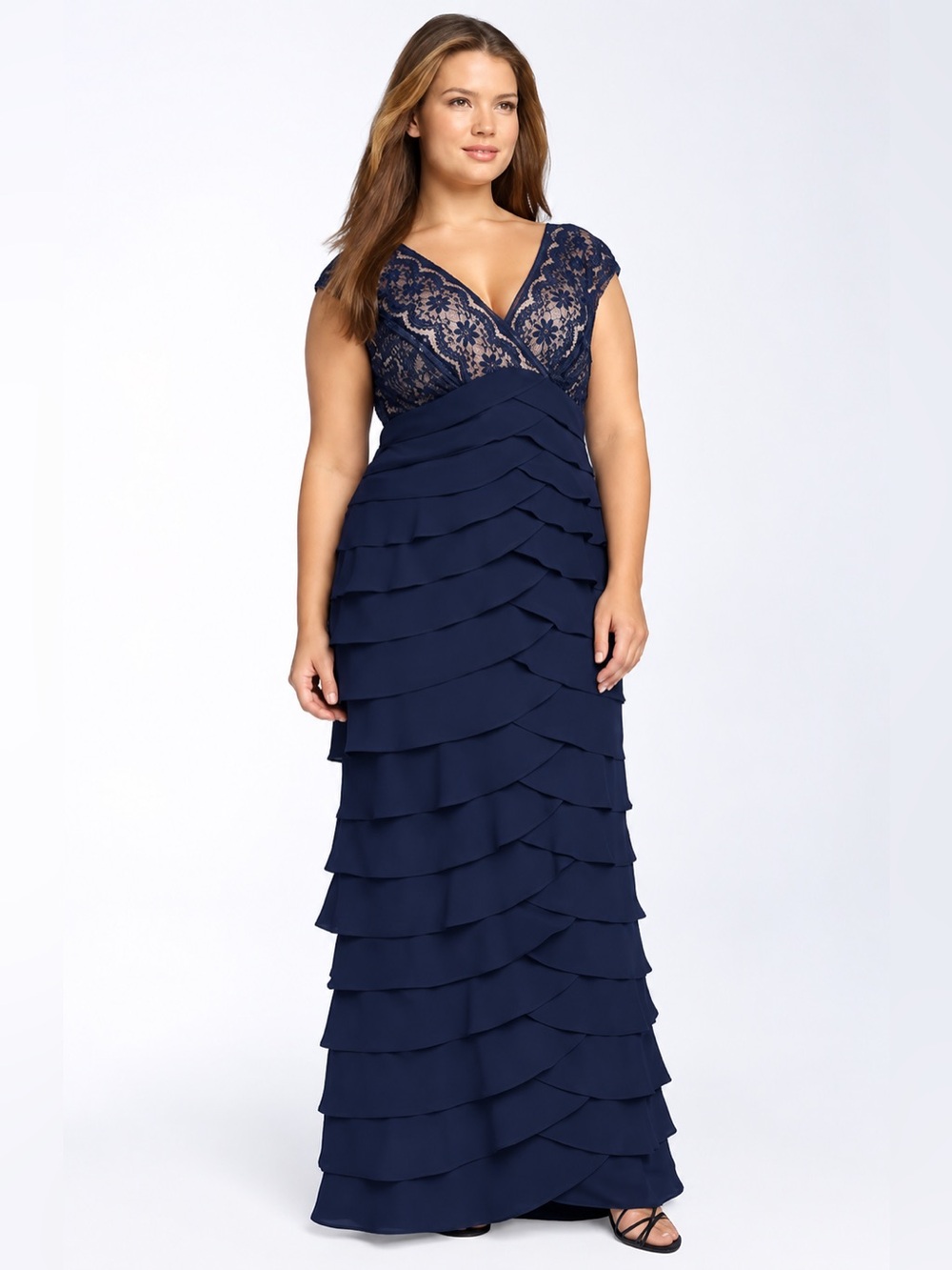 Adrianna Papell lace tiered maxi gown cocktail dress navy blue tan size 14